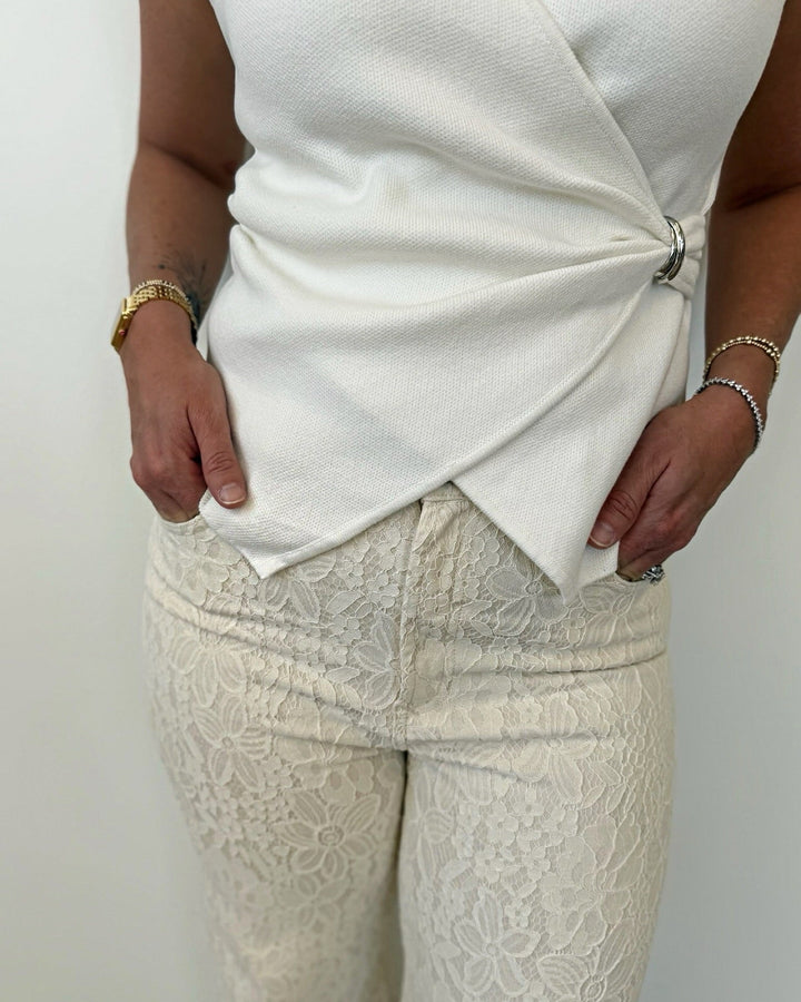 Jade Sleeveless Wrap Top with Metal Knot Clip Detailsleeveless knit