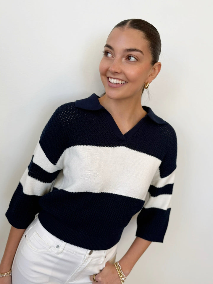 Johnny Collar Pointelle Sporty Sweatershort sleeve knit
