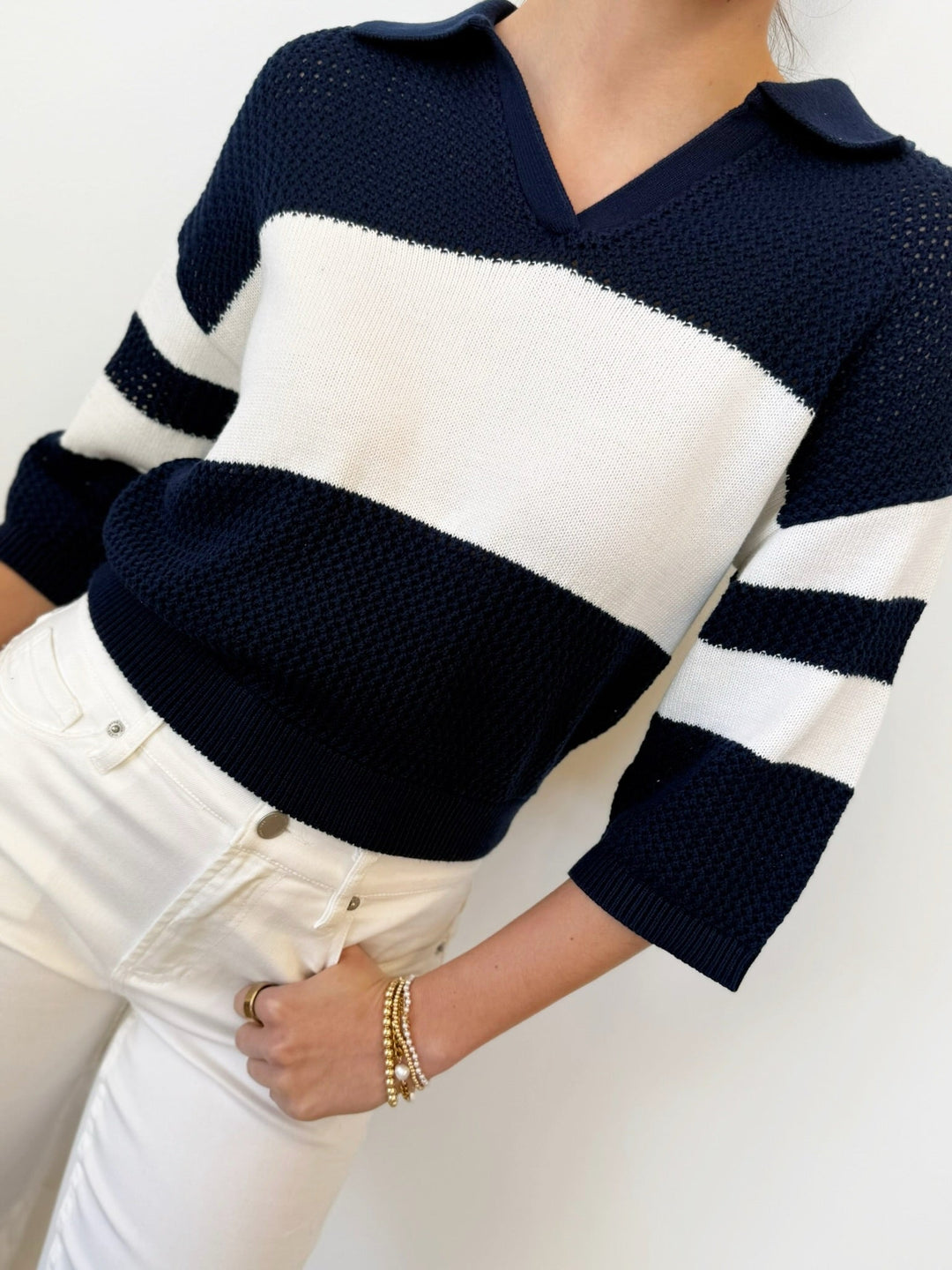 Johnny Collar Pointelle Sporty Sweatershort sleeve knit