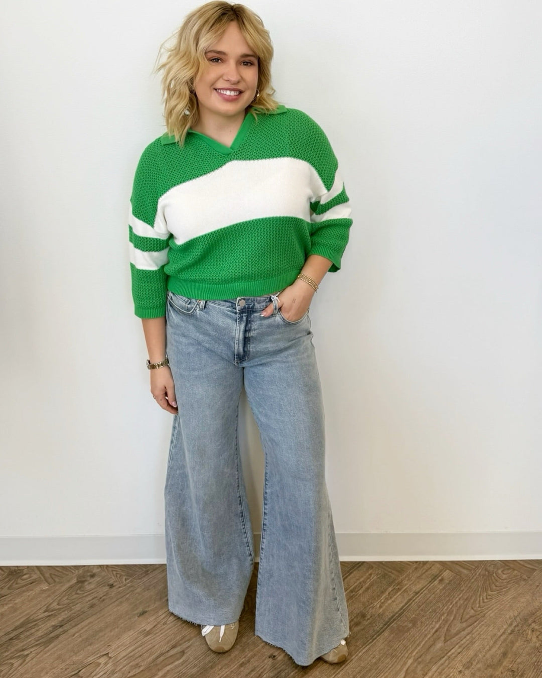 Johnny Collar Pointelle Sporty Sweatershort sleeve knit