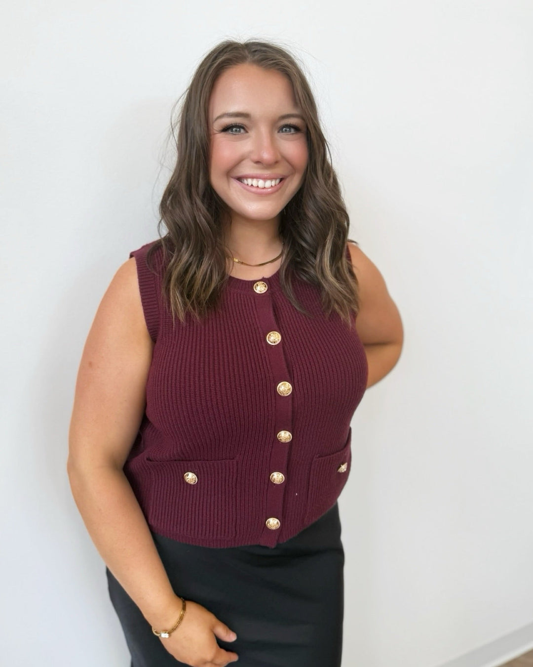 Keene Sleeveless Knit Top with Gold Button Frontknit top