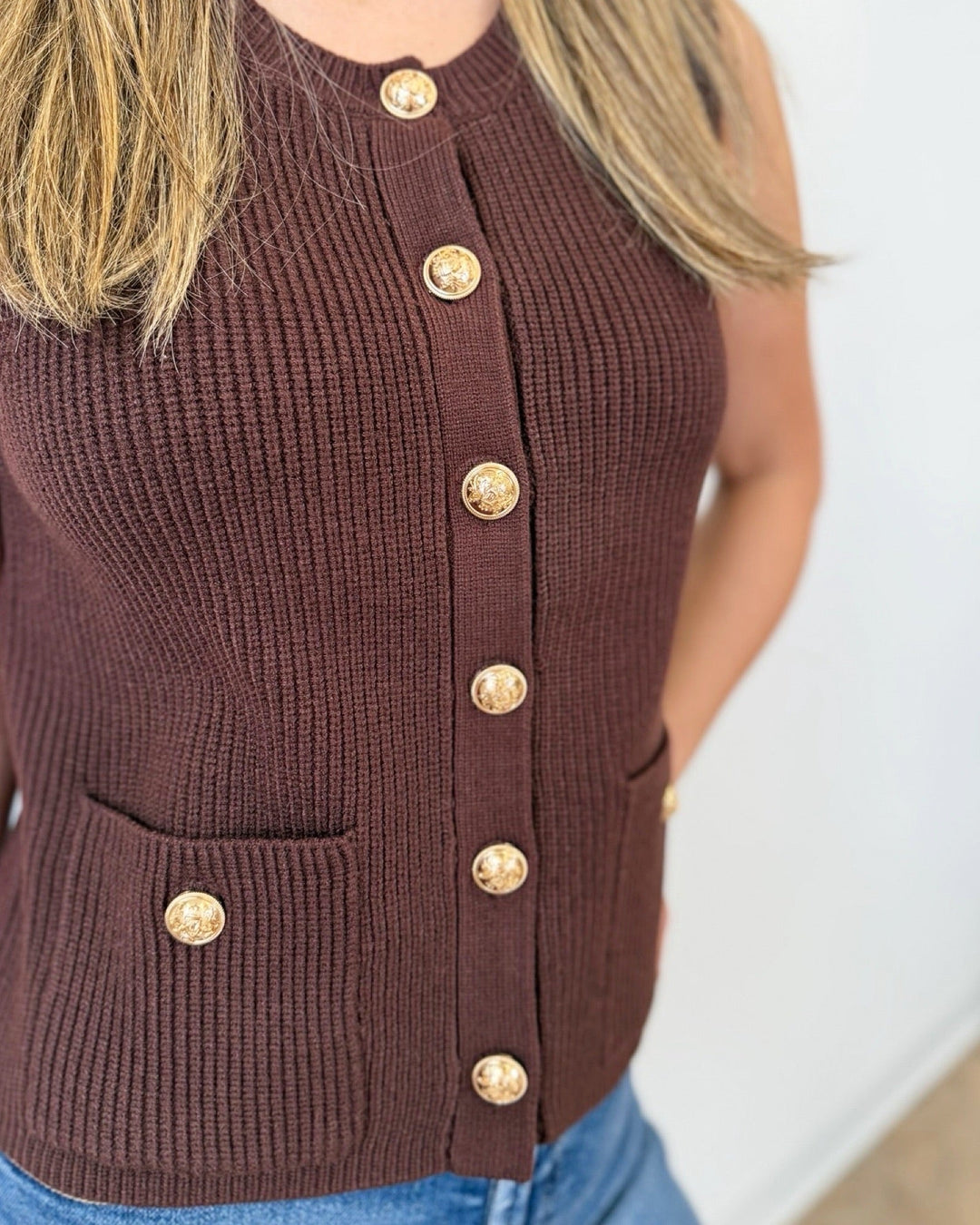 Keene Sleeveless Knit Top with Gold Button Frontknit top