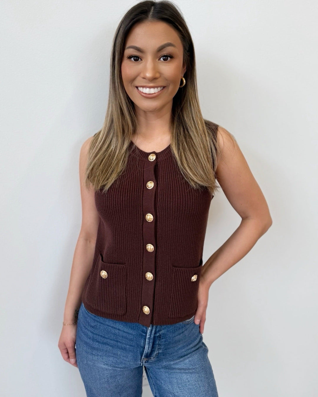 Keene Sleeveless Knit Top with Gold Button Frontknit top