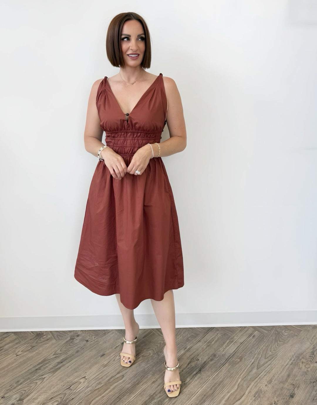 Kiersten Embellished Sleeveless Smocked Midi Dressdress