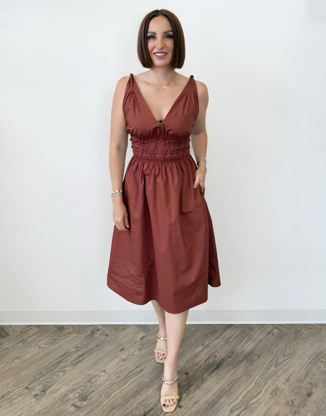 Kiersten Embellished Sleeveless Smocked Midi Dressdress