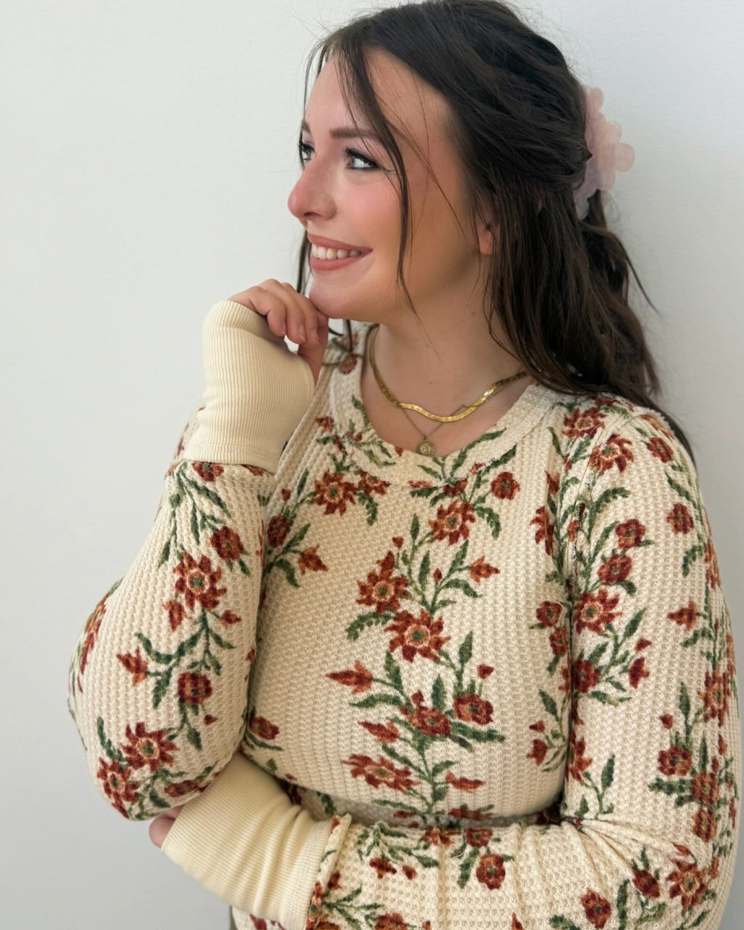 Lea Printed Long Sleeve Waffle Knit TopTop