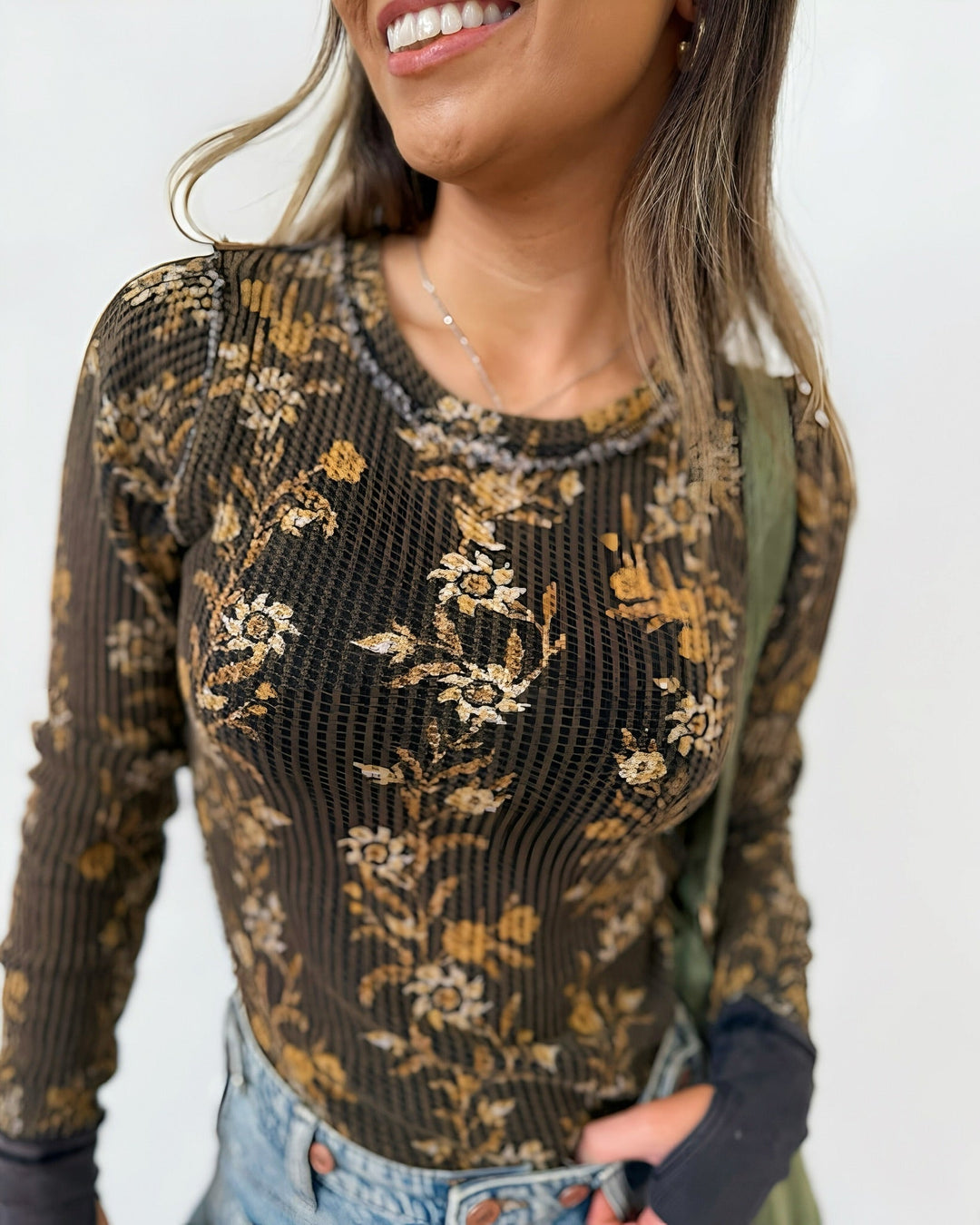 Lea Printed Long Sleeve Waffle Knit TopTop