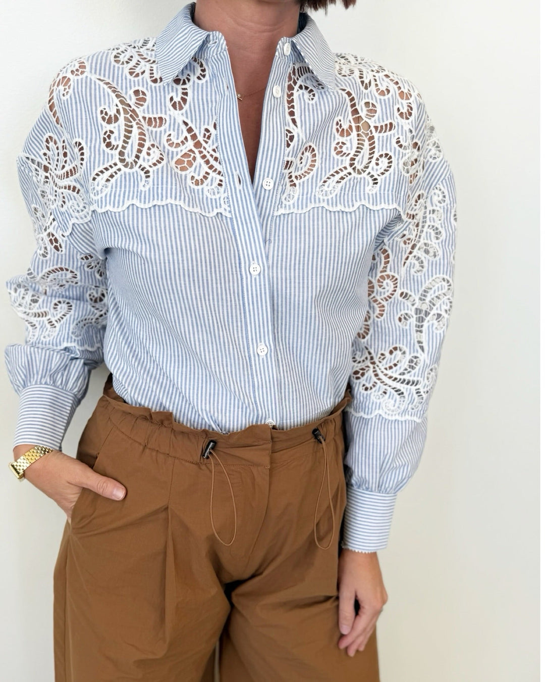 Leticia Lace Blouse with Pintuck Stripesbutton down shirt