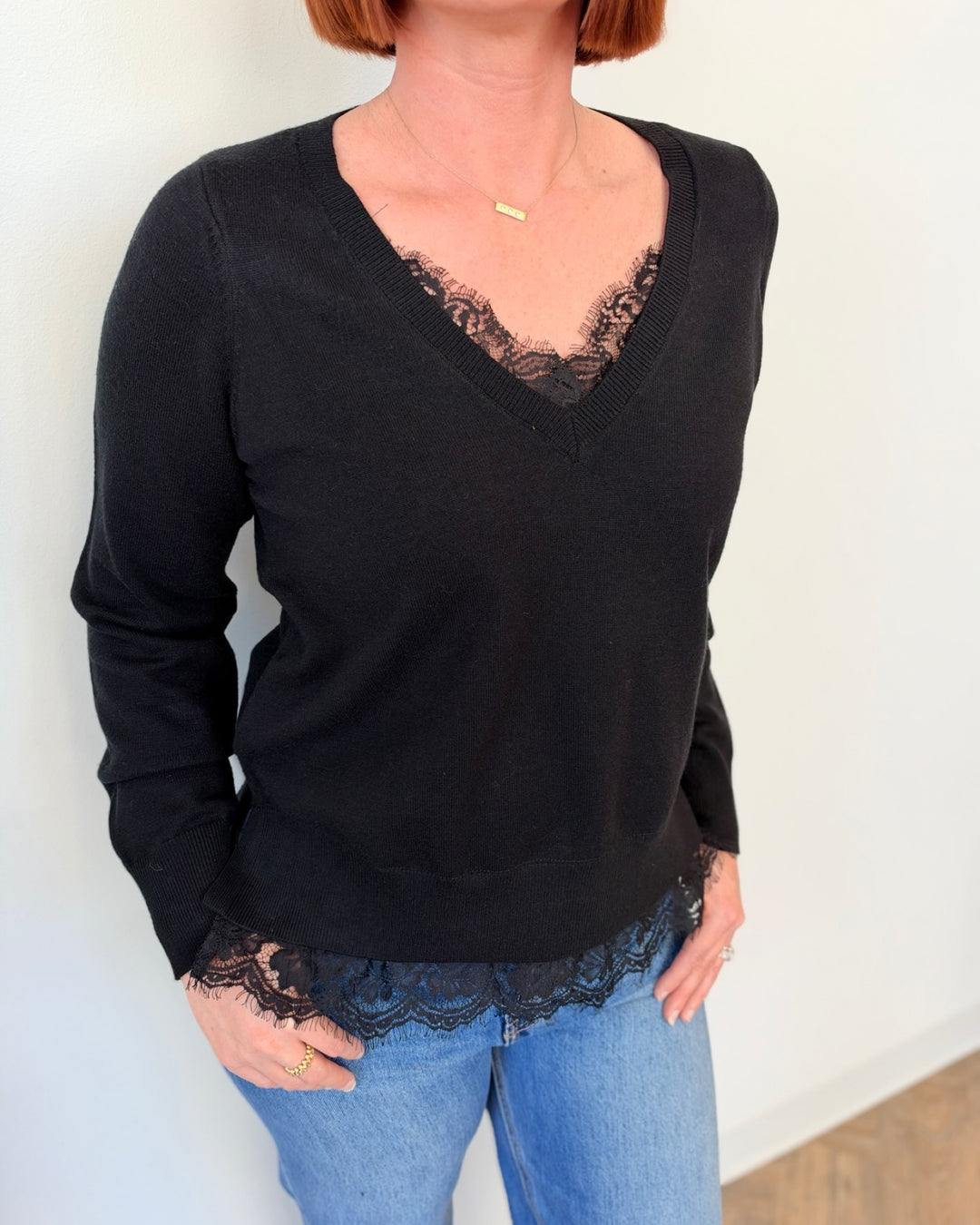 Liverpool V-Neck Long Sleeve Sweater with Lace