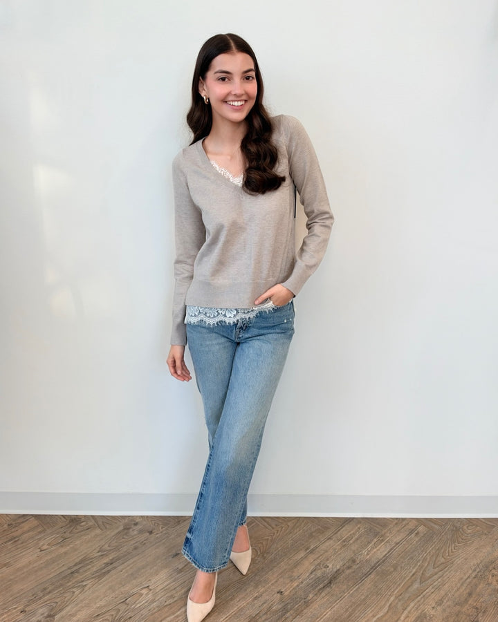 Liverpool V-Neck Long Sleeve Sweater with Lace