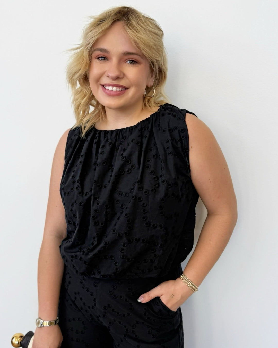 Lisa Sleeveless Eyelet Bubbled Hem Topsleeveless top