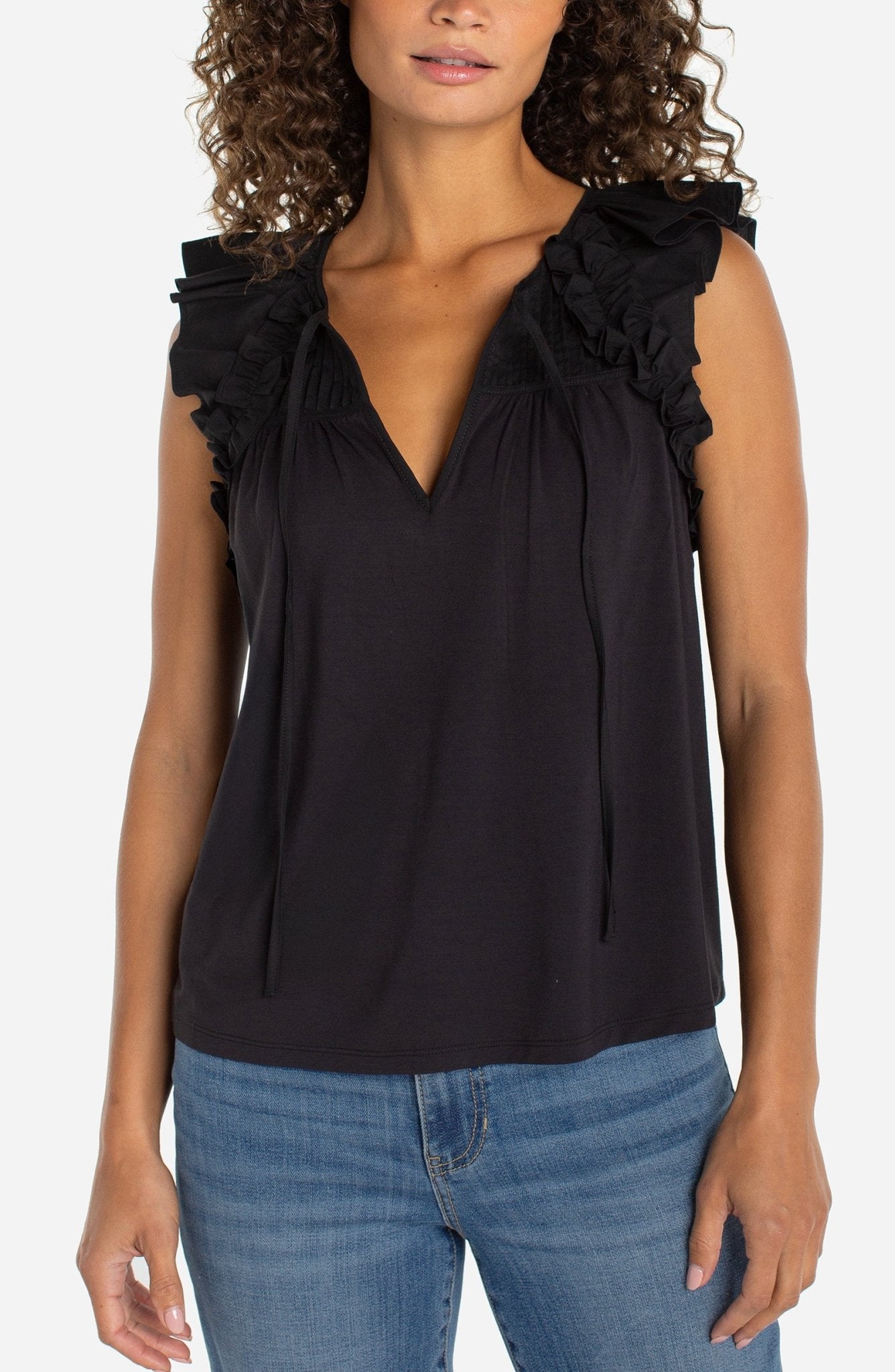 Liverpool Flutter Sleeve Knit to Woven Top with Ties – The TLB