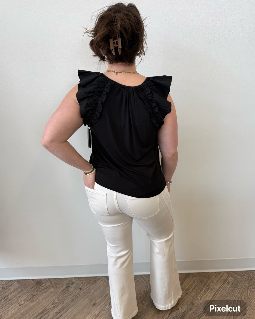 Liverpool Flutter Sleeve Knit to Woven Top with TiesLM8K88PK4