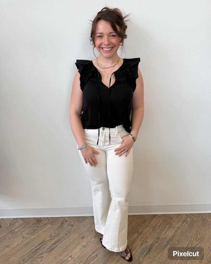 Liverpool Flutter Sleeve Knit to Woven Top with TiesLM8K88PK4