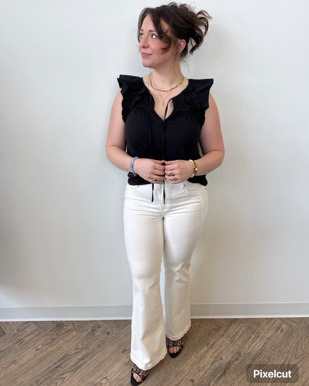 Liverpool Flutter Sleeve Knit to Woven Top with TiesLM8K88PK4