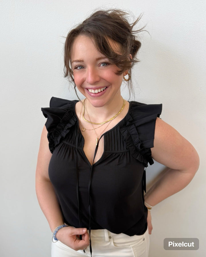 Liverpool Flutter Sleeve Knit to Woven Top with TiesLM8K88PK4