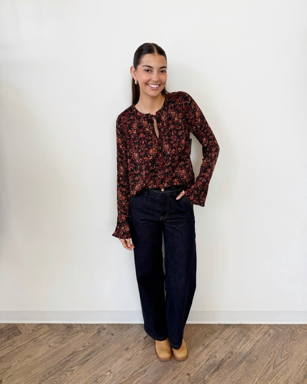 Liverpool Long Sleeve Band Collar Woven Top with Pintuck DetailLM8L31H65P25