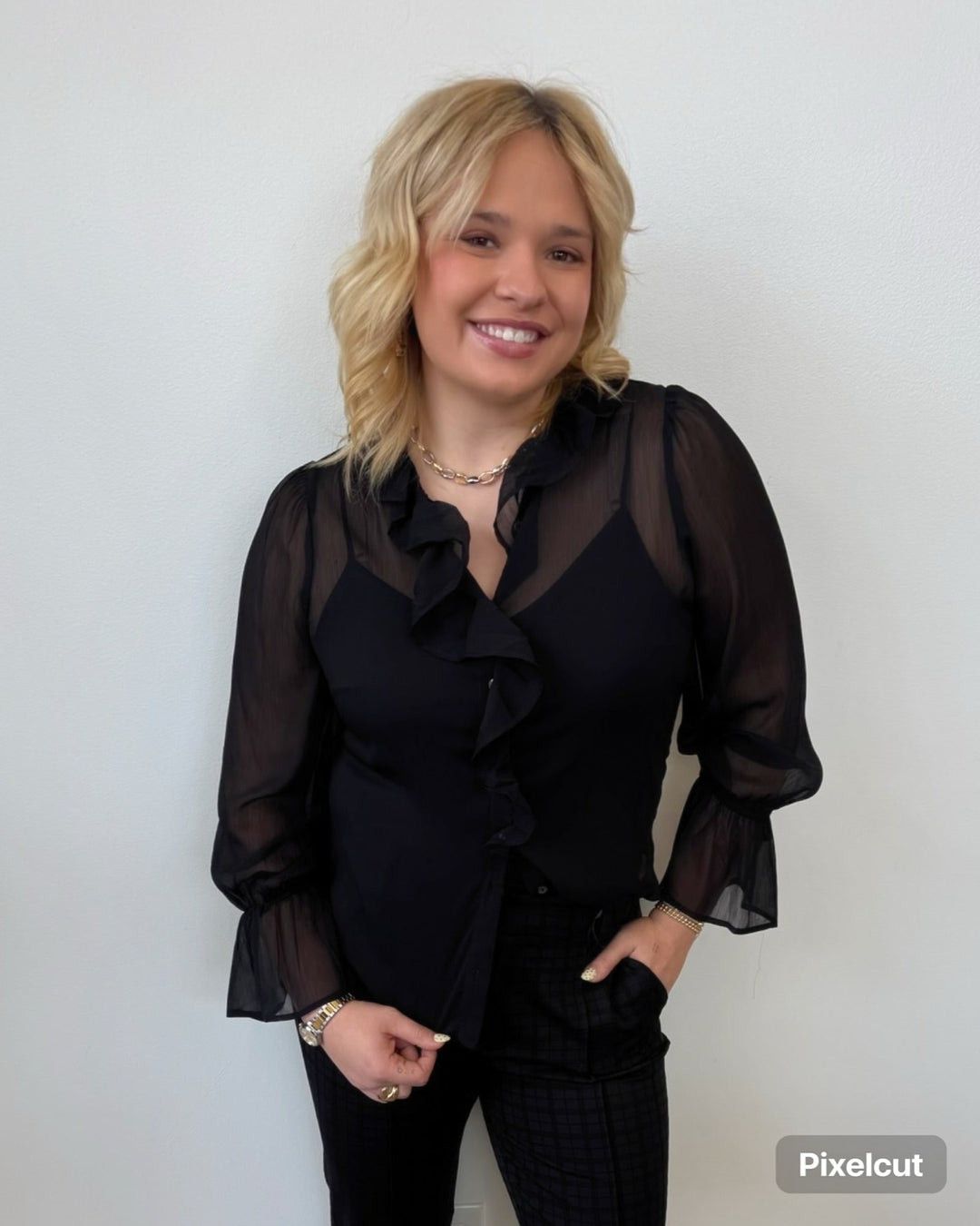 Liverpool Long Sleeve Ruffle Front Woven ShirtLM8K90PC