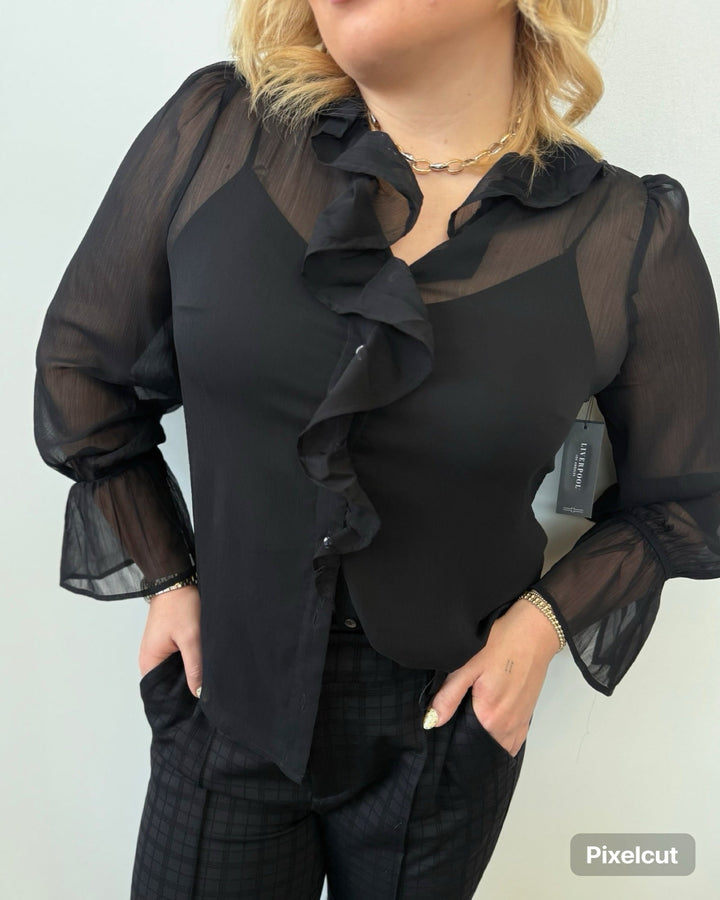 Liverpool Long Sleeve Ruffle Front Woven ShirtLM8K90PC