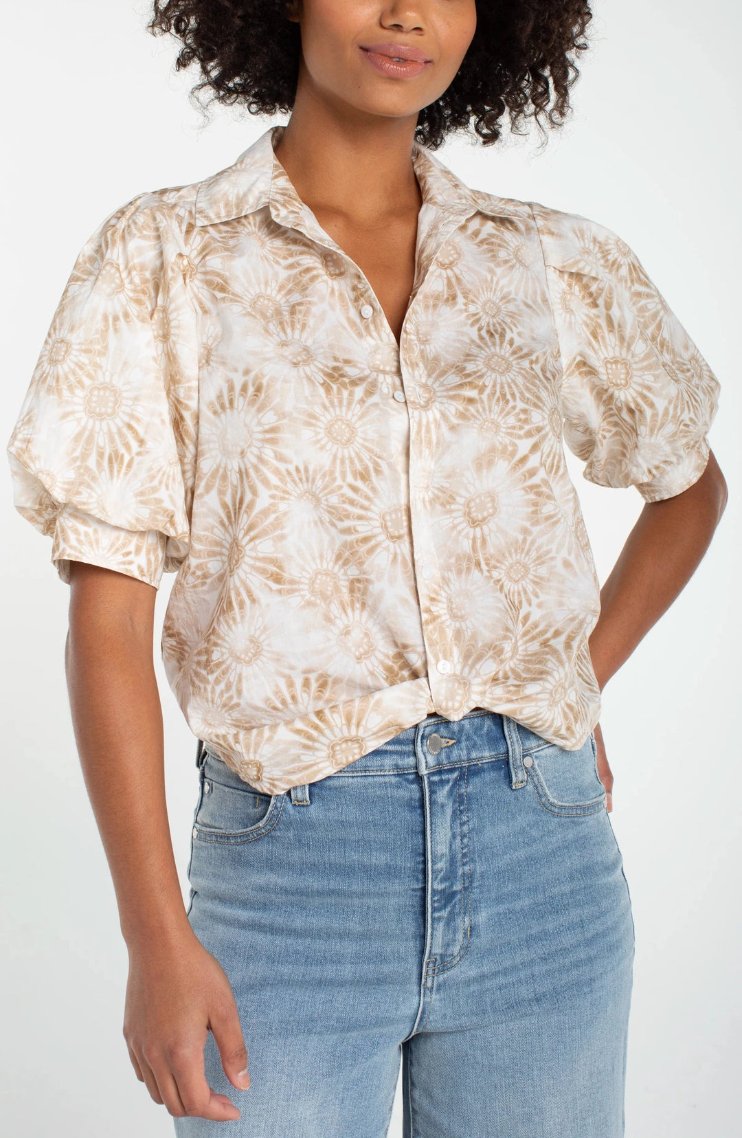Liverpool Puff Sleeve Button Front Woven Top with TwistLM8K98CF5P33