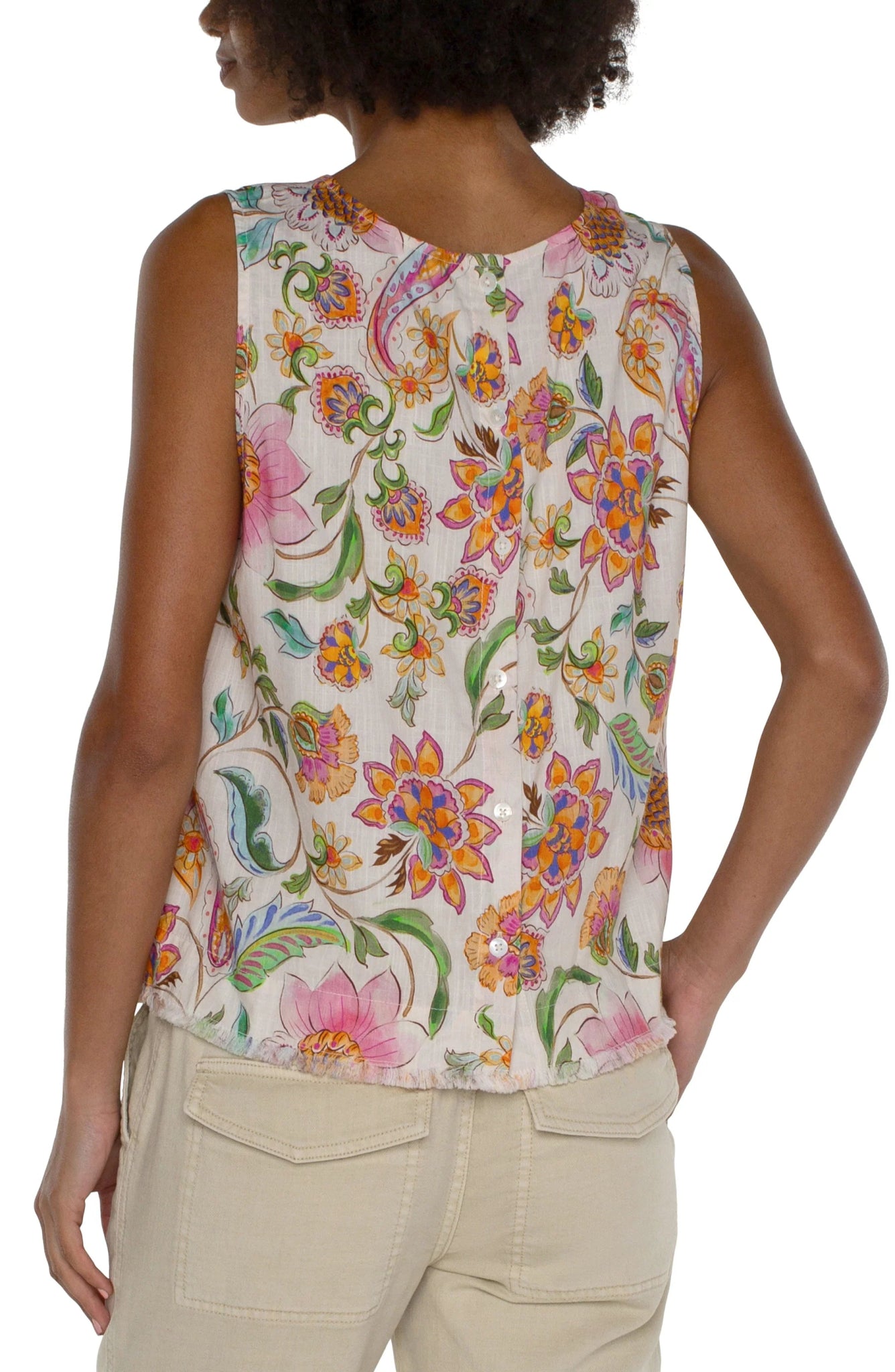 Liverpool Sleeveless Woven Top With Button Back And Fray Hemtops