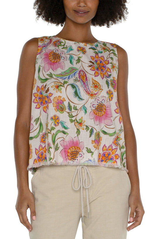 Liverpool Sleeveless Woven Top With Button Back And Fray Hemtops