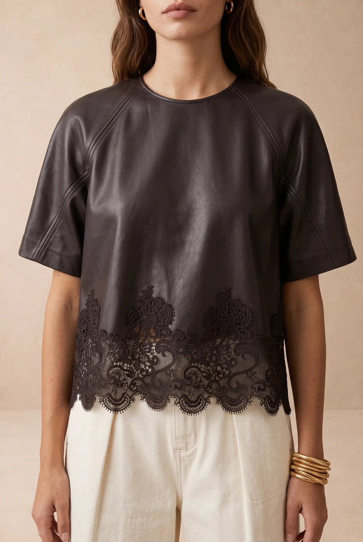 London Faux Leather Short Sleeve Top with Lace Trimshort sleeve top