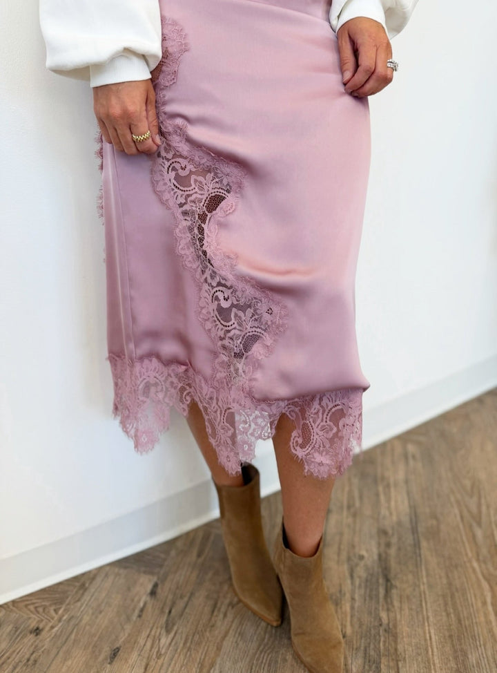Lorena Lace Trim Satin Midi Skirtmidi skirt