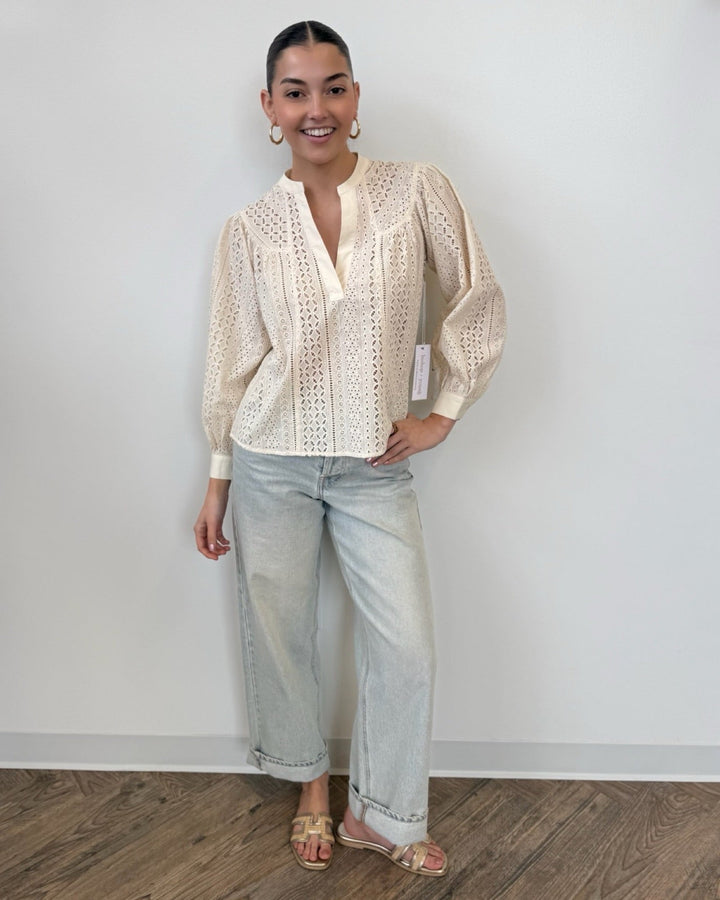 Luella Eyelet Blouse with V Necklinelong sleeve top