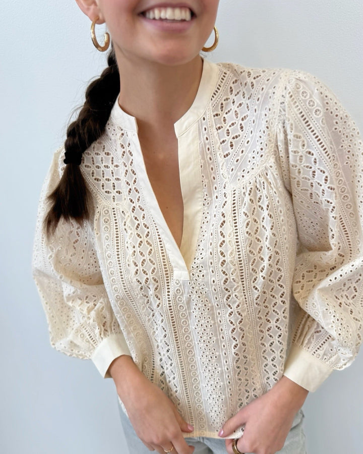 Luella Eyelet Blouse with V Necklinelong sleeve top