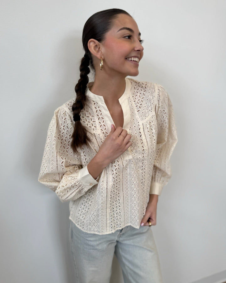 Luella Eyelet Blouse with V Necklinelong sleeve top