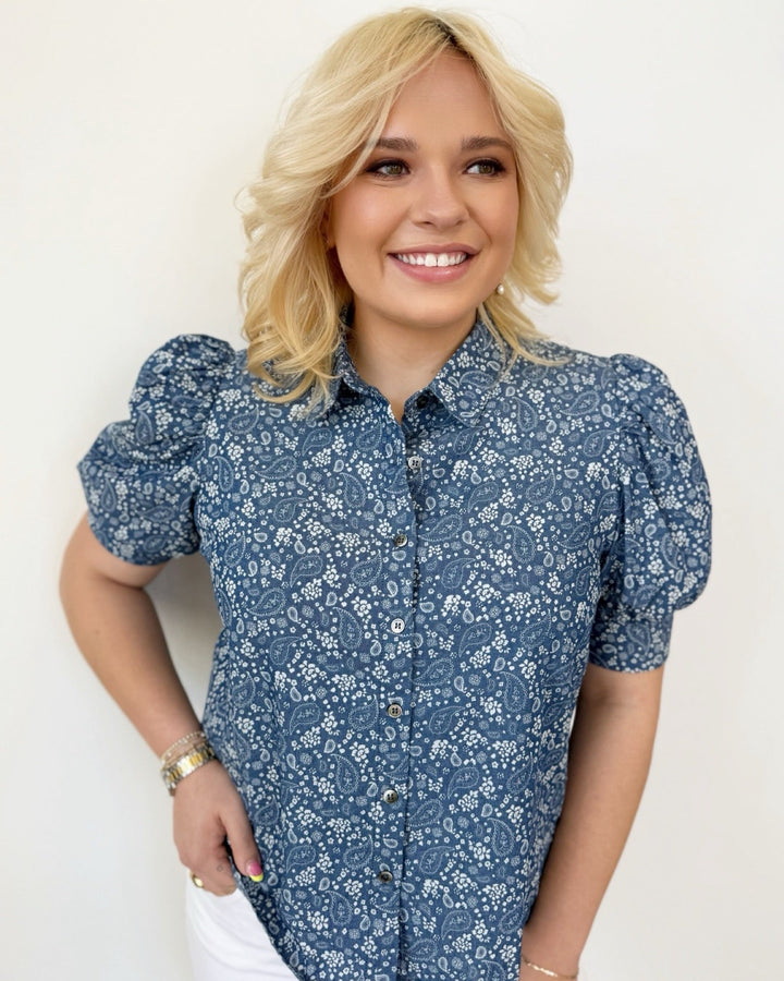 Maisie Chambray Short Sleeve Button Down TopTop