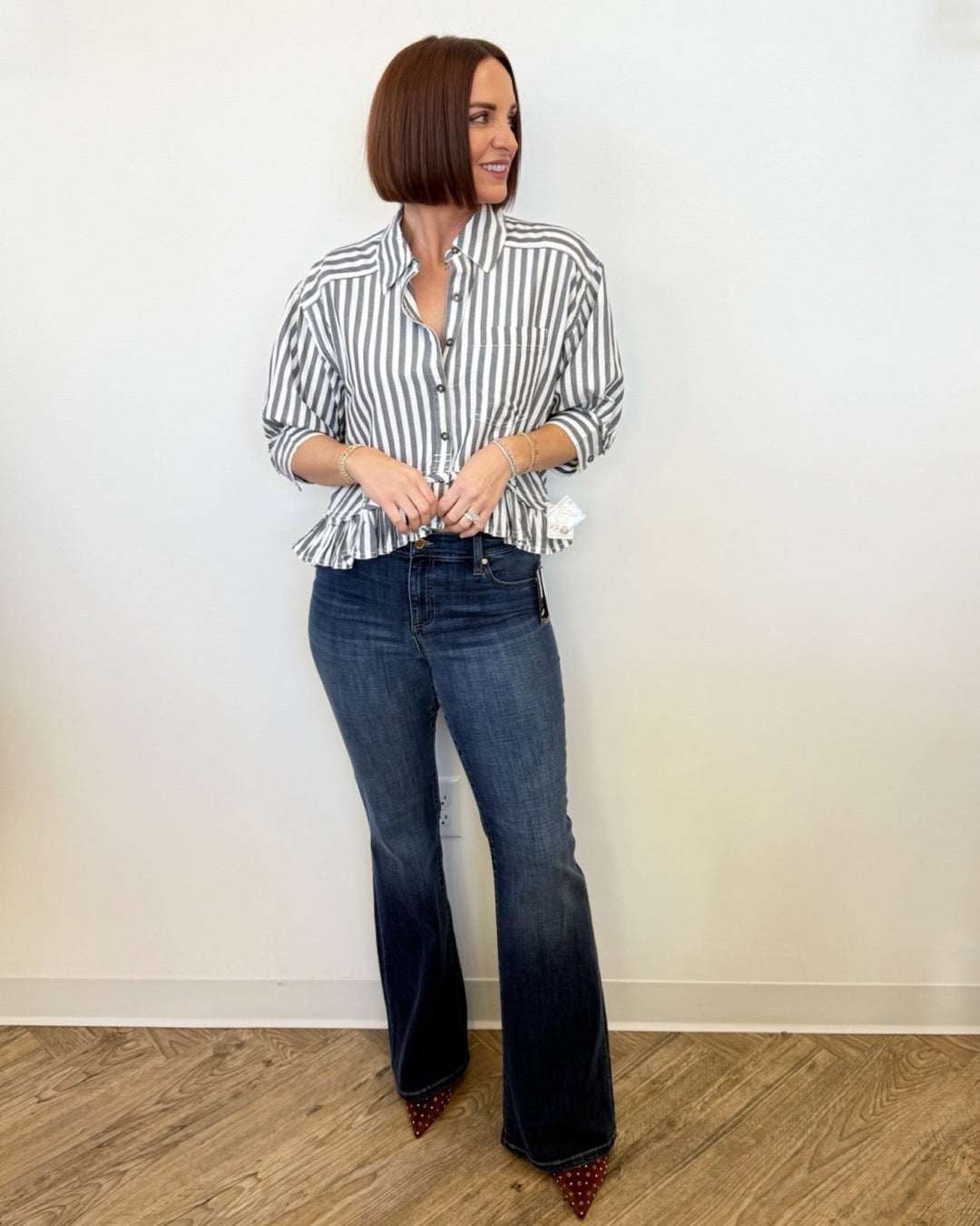 Maple Striped Button Down Top with Ruffle HemTop