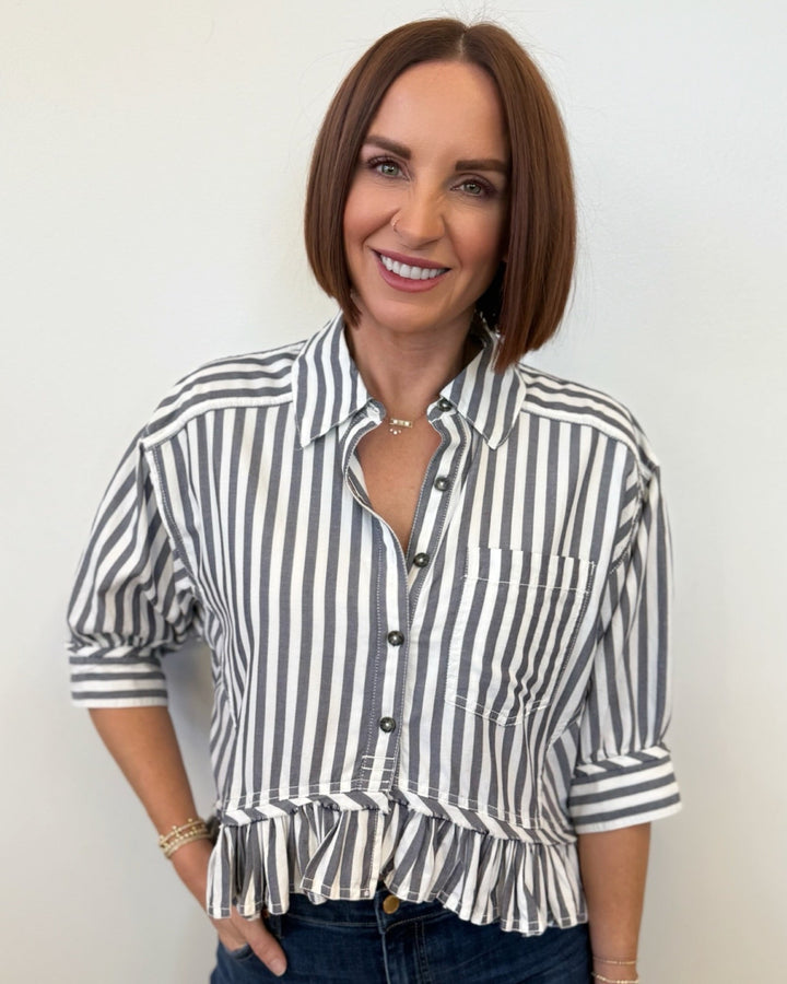 Maple Striped Button Down Top with Ruffle HemTop