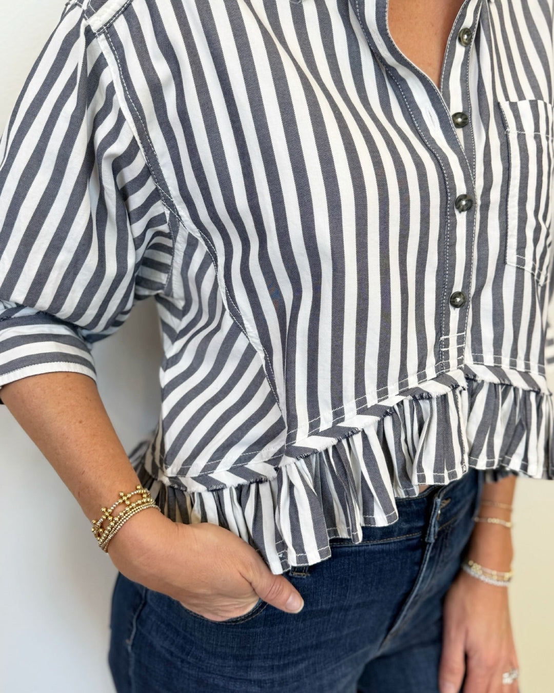 Maple Striped Button Down Top with Ruffle HemTop