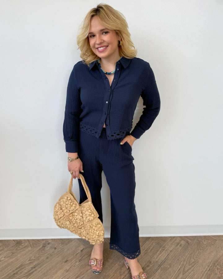 Marceline Pull on Gauze Pant with Lace Trimpull on pant