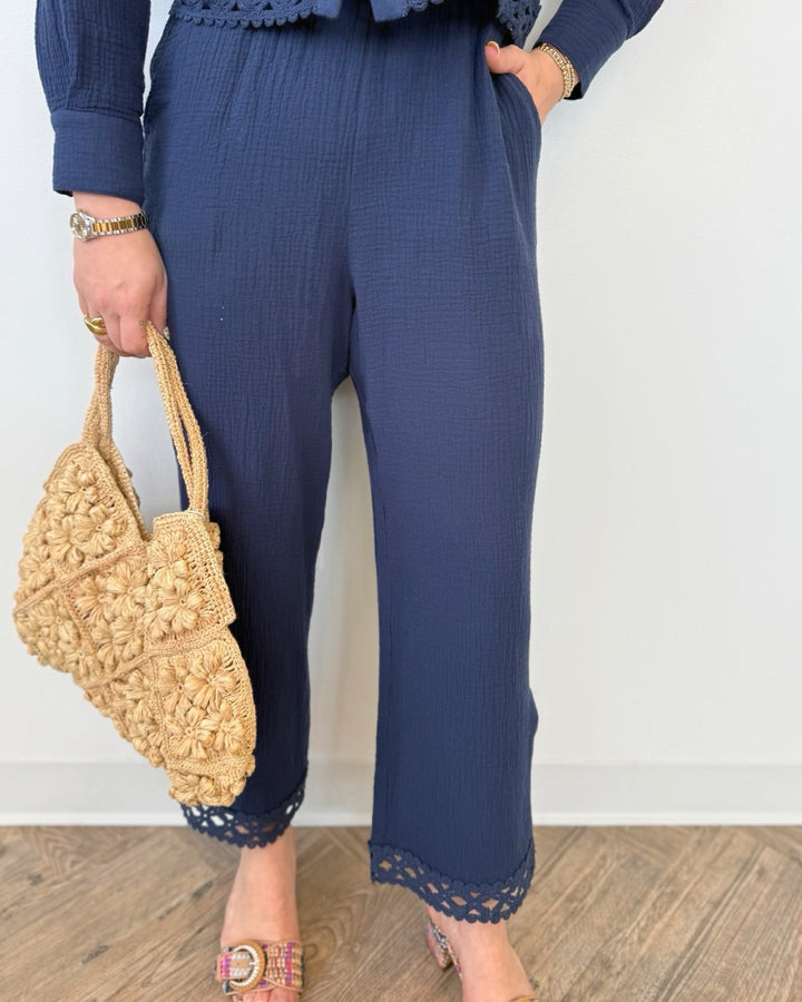 Marceline Pull on Gauze Pant with Lace Trimpull on pant