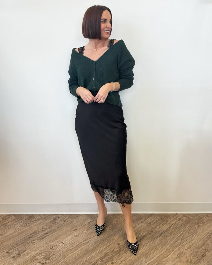 Messa Satin Lace Hem Midi Skirtskirt