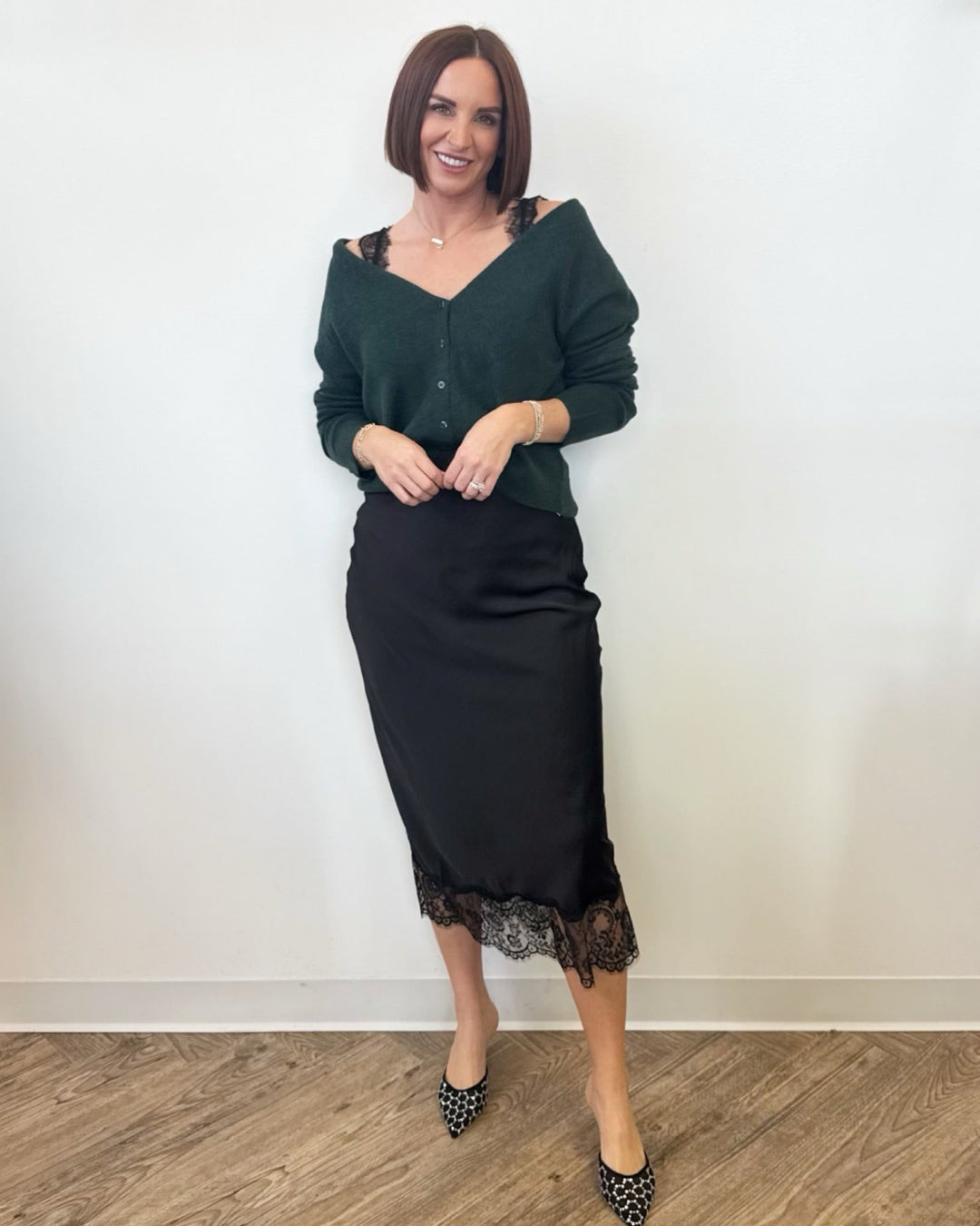 Messa Satin Lace Hem Midi Skirtskirt