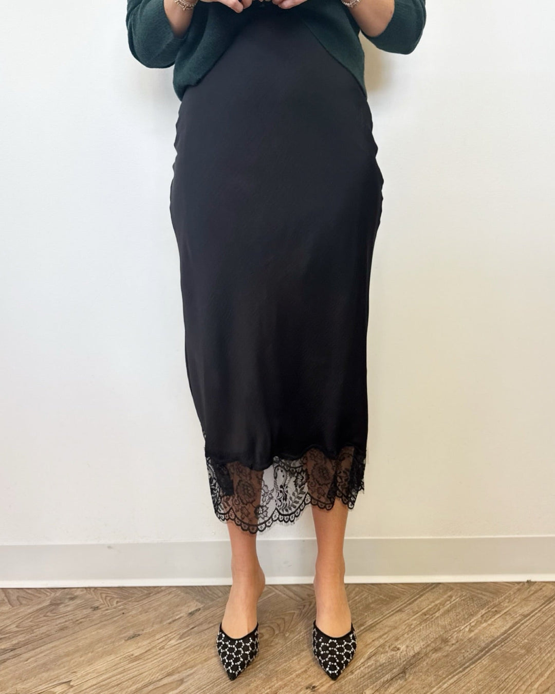 Messa Satin Lace Hem Midi Skirtskirt