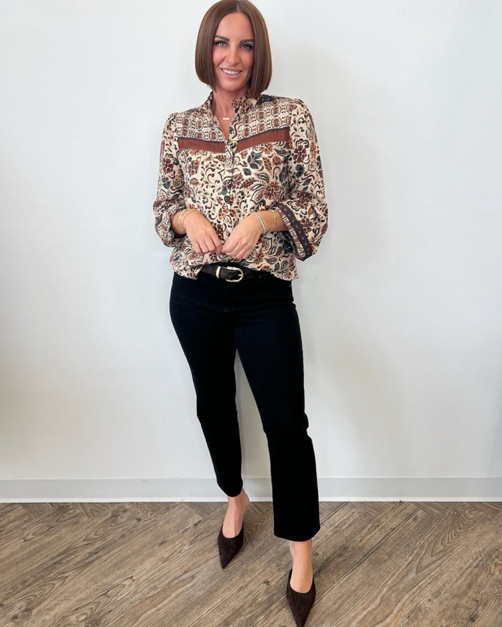 Mizoni Printed Blouse with Ruffle DetailsBlouse