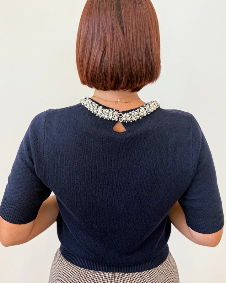Nolan Short Sleeve Knit with Pearl Embellishmentsknit top