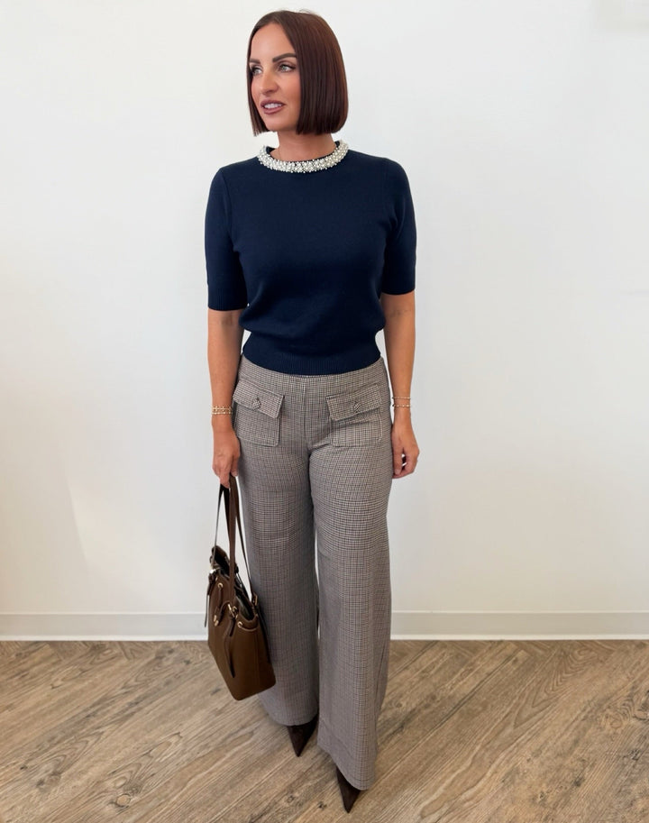 Nolan Short Sleeve Knit with Pearl Embellishmentsknit top