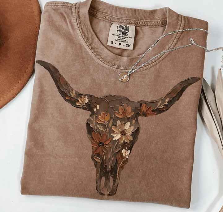 Painted Floral Western Cow SkullGraphic Tee