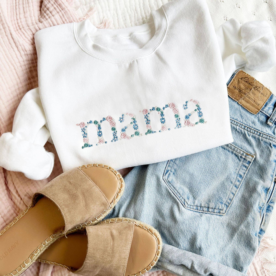 Pastel Floral Mama Embroidered Crewneck Sweatshirt