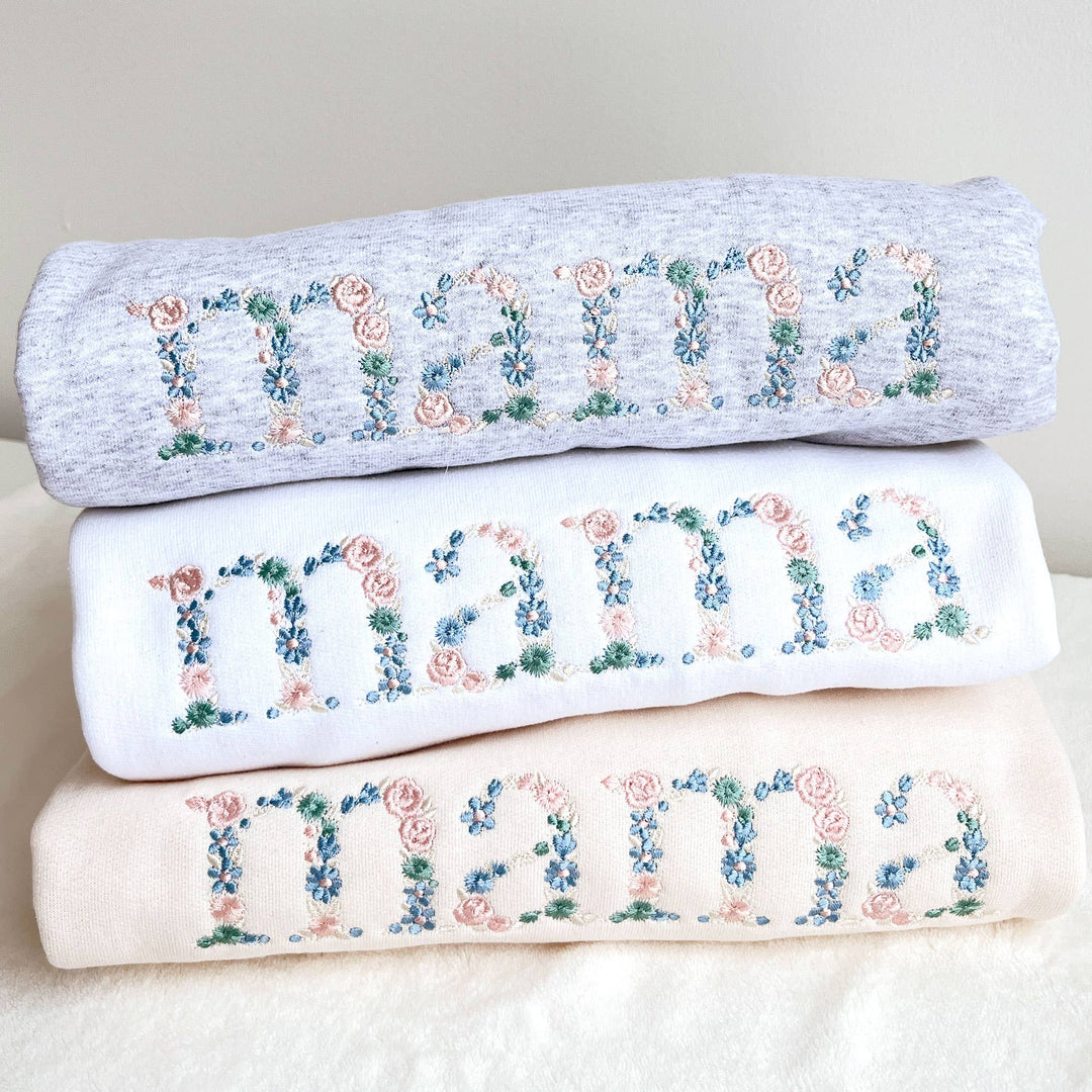 Pastel Floral Mama Embroidered Crewneck Sweatshirt