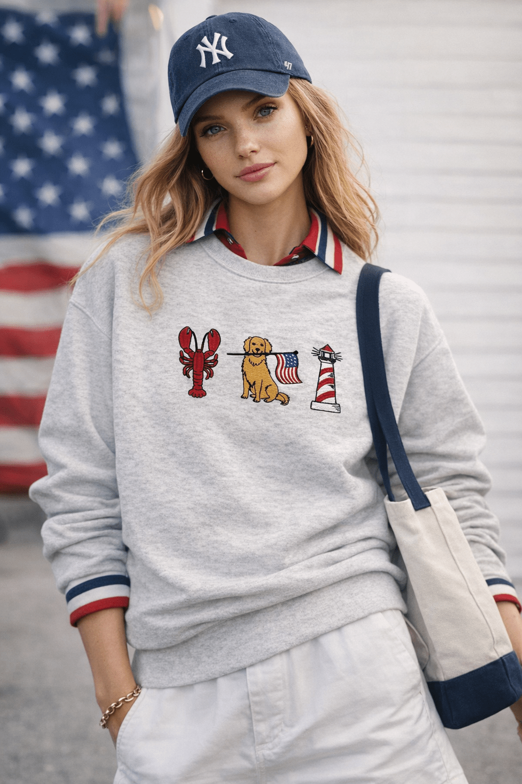 Patriotic Retriever Nautical Embroidered Grey SweatshirtH7776TK-1