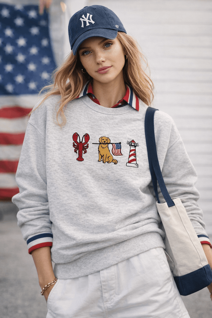 Patriotic Retriever Nautical Embroidered Grey SweatshirtH7776TK-1