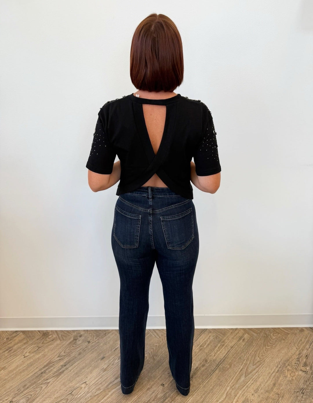 Paxton Rhinestone Top with Crossed BackShort Sleeve Top