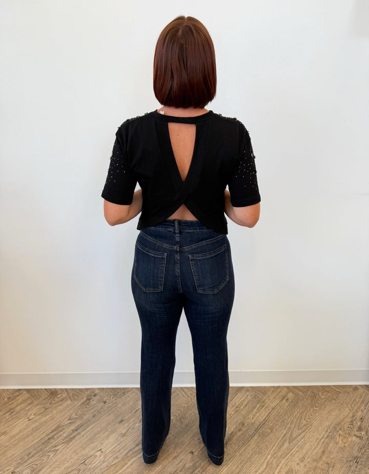 Paxton Rhinestone Top with Crossed BackShort Sleeve Top